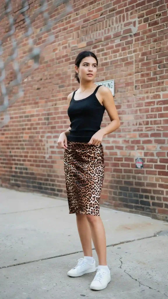 Leopard-Print-Slip-Skirt-Paired-with-a-Black-Tank-Top-and-White-Sneakers Leopard Print Slip Skirt Paired with a Black Tank Top and White Sneakers