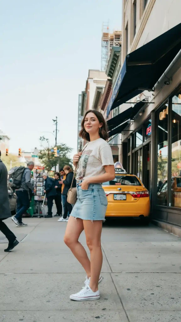 Light-Blue-Denim-Mini-Skirt-With-Vintage-Style-Tee Light Blue Denim Mini Skirt With Vintage-Style Tee
