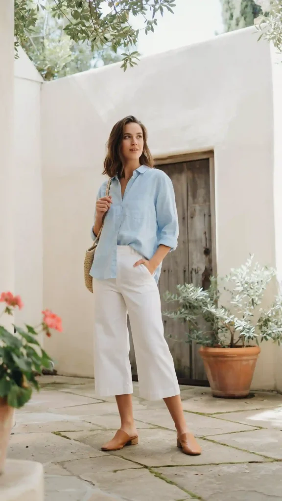 Light-Blue-Linen-Button-Shirt-With-White-Culotte Light Blue Linen Button Shirt With White Culotte