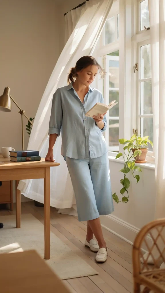 Light-Blue-Linen-Shirt-Culottes-Set-Breezy-Office-Summer-Look Light Blue Linen Shirt Culottes Set Breezy Office Summer Look