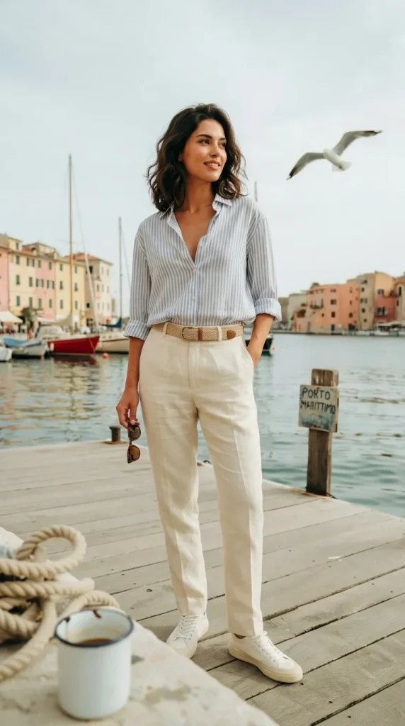 Light-Blue-and-White-Striped-Shirt-With-Relaxed-Linen-Trousers Light Blue and White Striped Shirt With Relaxed Linen Trousers