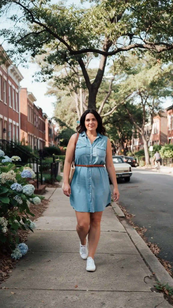 Light-Denim-Blue-Sleeveless-Chambray-Shirt-Dress Light Denim Blue Sleeveless Chambray Shirt Dress