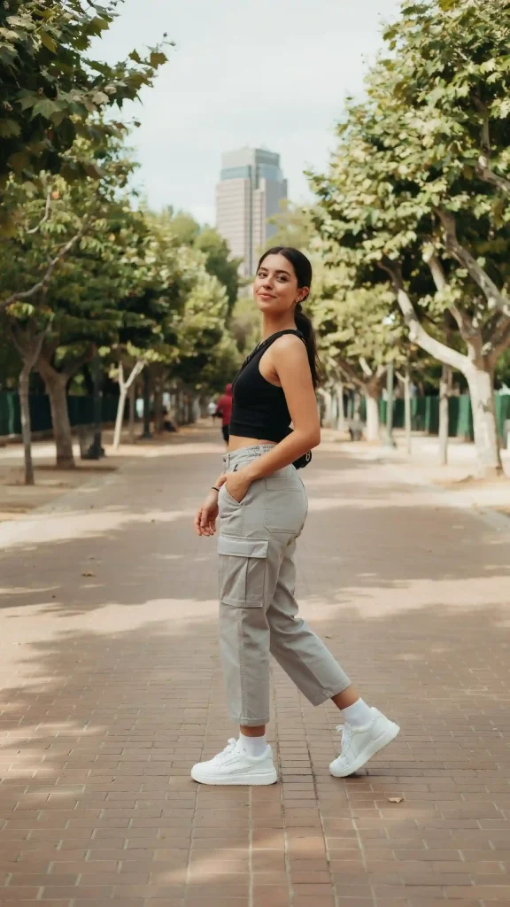 Light-Gray-Cargo-Pants-With-Racerback-Black-Crop-Tank Light Gray Cargo Pants With Racerback Black Crop Tank