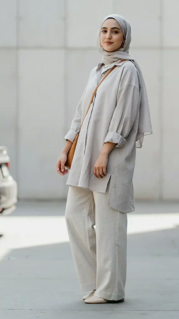 Light-Grey-Oversized-Shirt-Dress-With-Modern-Street-Hijab Light Grey Oversized Shirt Dress With Modern Street Hijab