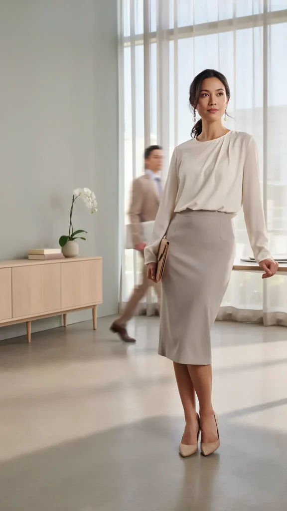 Light-Grey-Pencil-Skirt-With-Flowing-Chiffon-Blouse Light Grey Pencil Skirt With Flowing Chiffon Blouse