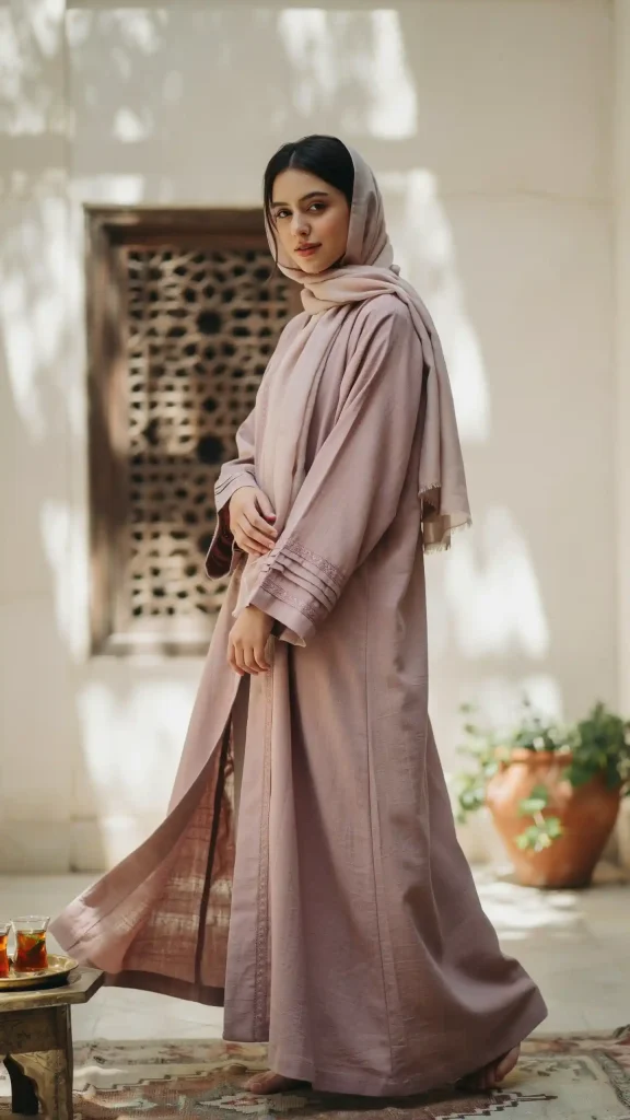 Light-Mauve-Flowy-Abaya-With-Soft-Feminine-Hijab-Design Light Mauve Flowy Abaya With Soft Feminine Hijab Design