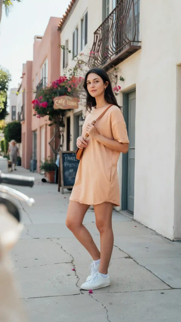 Light-Orange-Oversized-T-Shirt-Dress-With-Crossbody-Bag Light Orange Oversized T Shirt Dress With Crossbody Bag