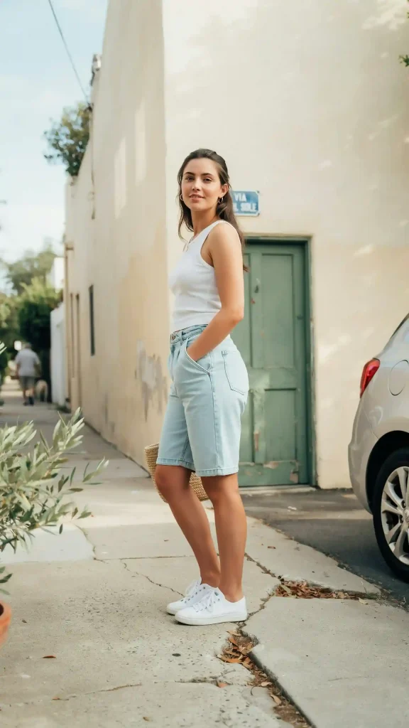Light-Wash-Baggy-Denim-Shorts-With-White-Baby-Tee Light Wash Baggy Denim Shorts With White Baby Tee