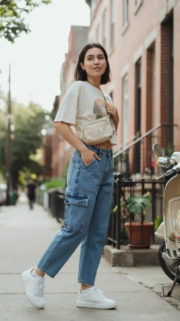 Lightweight-Denim-Cargo-Pants-With-Graphic-Crop-Tee-Style Lightweight Denim Cargo Pants With Graphic Crop Tee Style