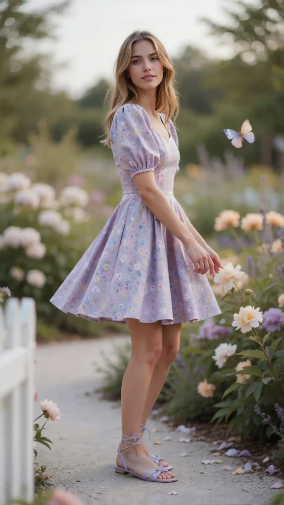 Lilac-Floral-Babydoll-with-Pastel-Blue-Strappy-Sandals Lilac Floral Babydoll with Pastel Blue Strappy Sandals