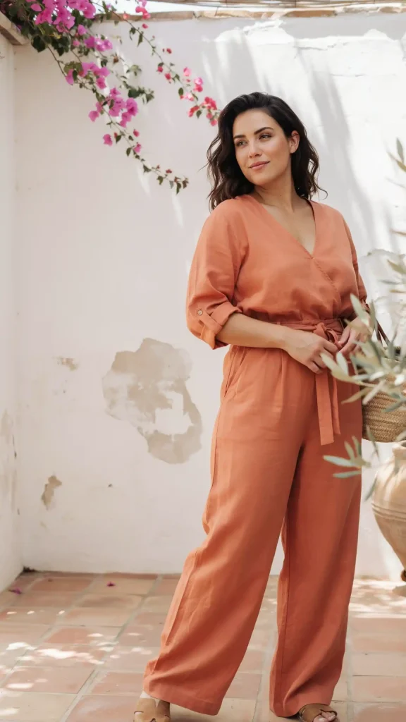 Linen-Wide-Leg-Terracotta-Jumpsuit-For-Summer Linen Wide-Leg Terracotta Jumpsuit For Summer