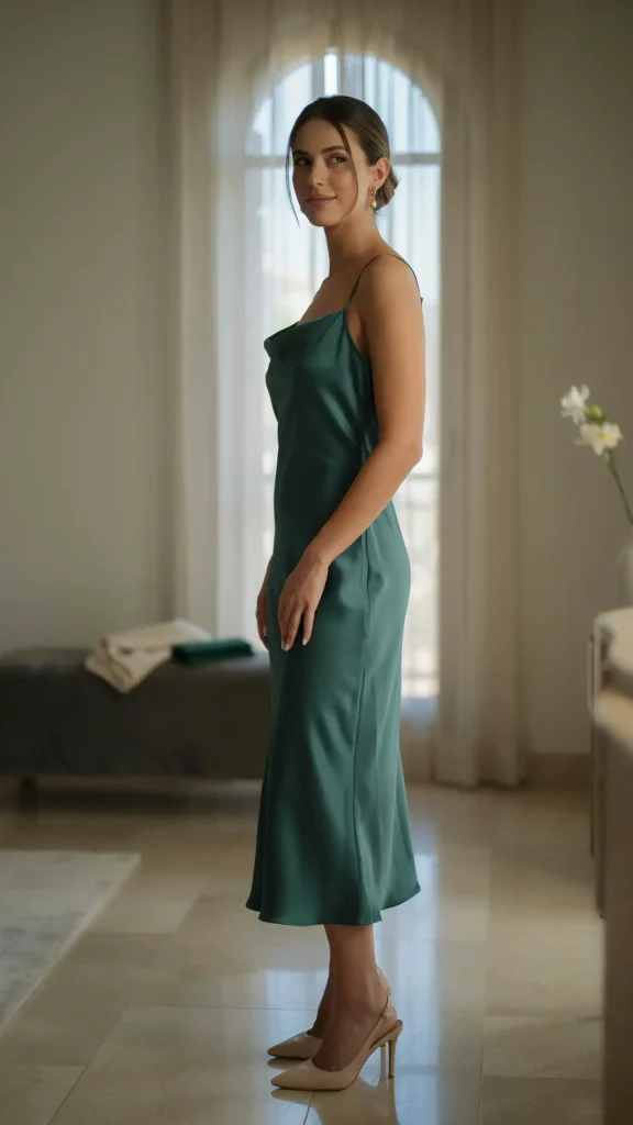 Luxury-Jewel-Tone-Emerald-Green-Slip-Dress-With-Nude-Heels Luxury Jewel Tone Emerald Green Slip Dress With Nude Heels