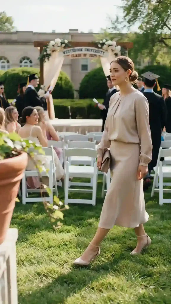 Matching Light Taupe Co-Ord Set With Blouse & Midi Skirt