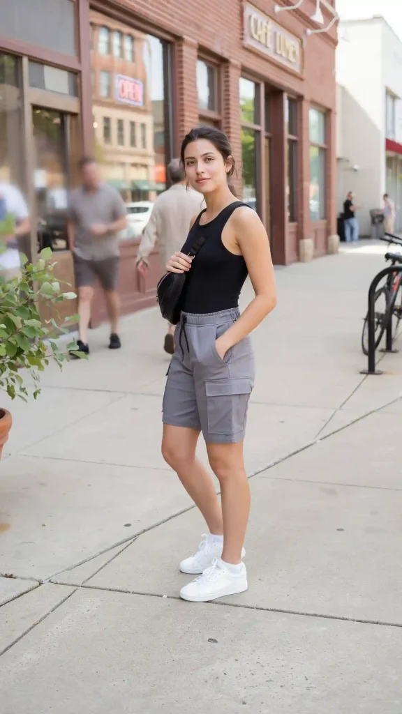 Medium-Gray-Cargo-Shorts-With-Black-Sleeveless-Bodysuit-And-Sneakers Medium Gray Cargo Shorts With Black Sleeveless Bodysuit And Sneakers