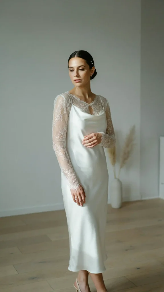 Minimal-White-Slip-Dress-With-Delicate-Lace-Long-Sleeves-A-Stylish-Elopement-Outfit Minimal White Slip Dress With Delicate Lace Long Sleeves A Stylish Elopement Outfit