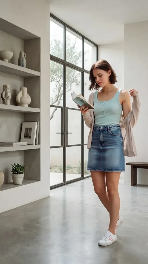Mint-Button-Tank-Top-with-Denim-Skirt-and-Sneakers Mint Button Tank Top with Denim Skirt and Sneakers
