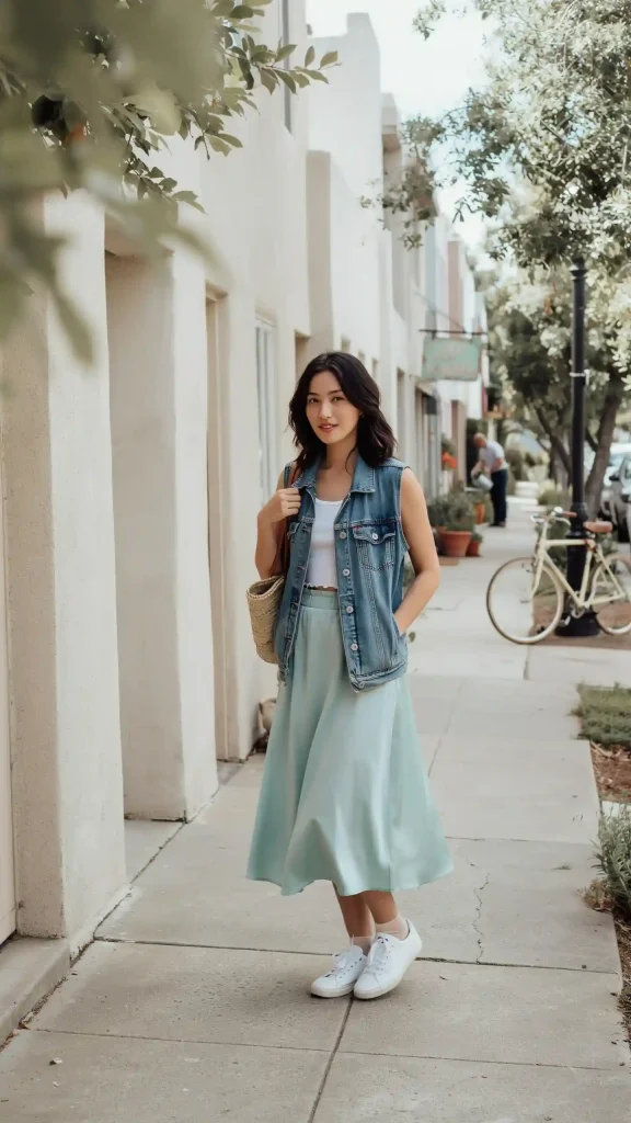 Mint-Green-Satin-Skirt-with-Sleeveless-Denim-Vest-Layered-Over-White-Tank-Top Mint Green Satin Skirt with Sleeveless Denim Vest Layered Over White Tank Top