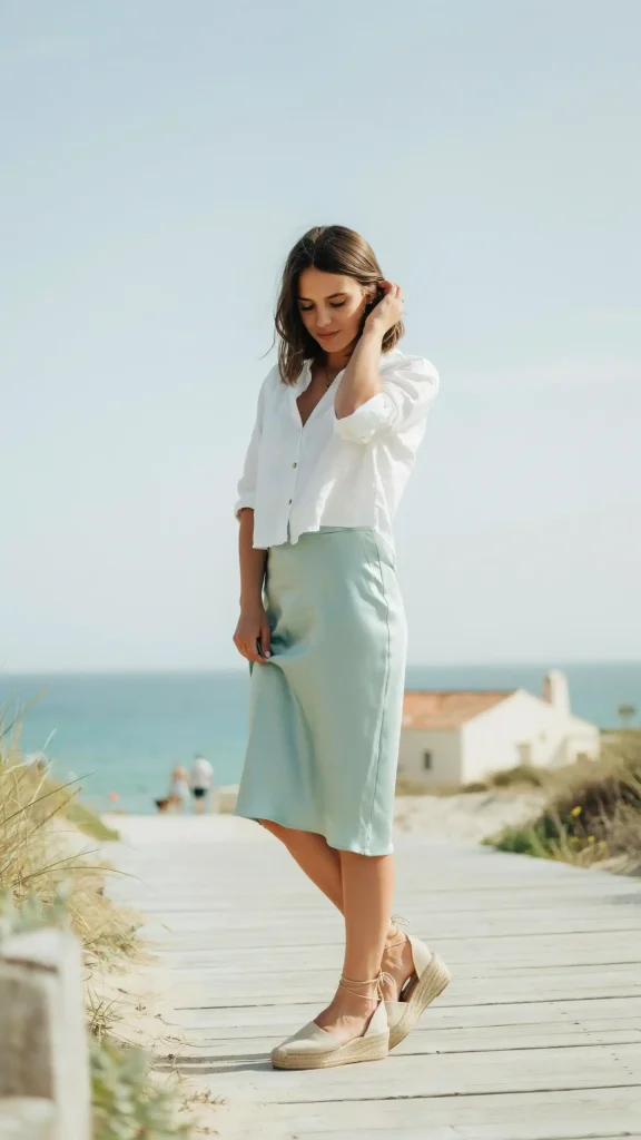 Mint-Green-Slip-Skirt-Worn-with-a-White-Cropped-Linen-Shirt-and-Espadrilles Mint Green Slip Skirt Worn with a White Cropped Linen Shirt and Espadrilles