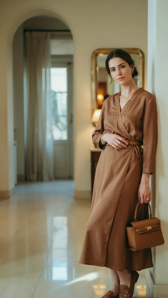 Mocha-Brown-Silk-Wrap-Dress-With-Styled-Slim-Belt Mocha Brown Silk Wrap Dress With Styled Slim Belt