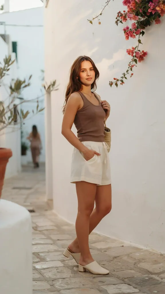 Mocha-Brown-Tank-Top-with-Cream-Gauze-Shorts Mocha Brown Tank Top with Cream Gauze Shorts