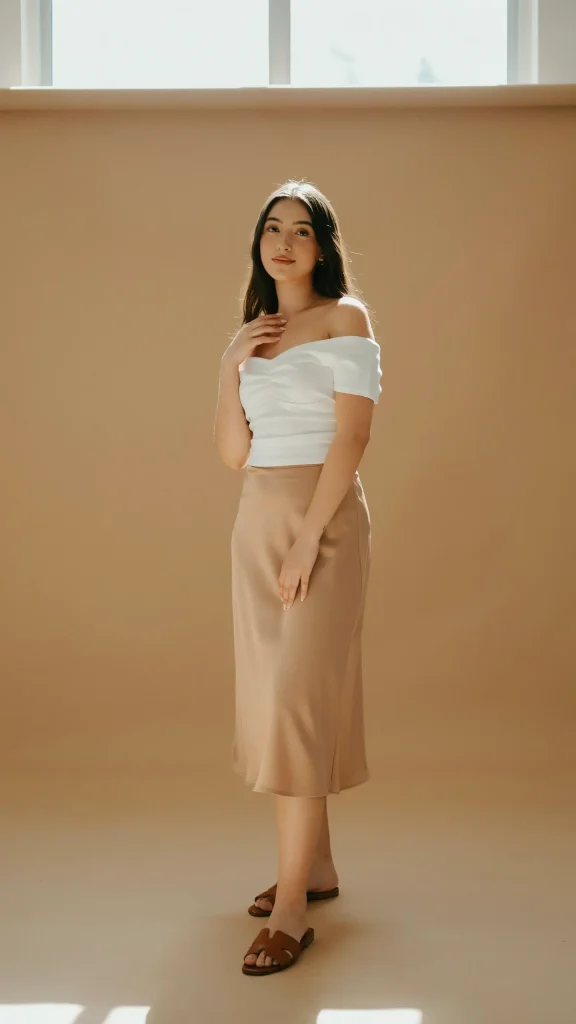 Mocha-Slip-Skirt-Paired-with-a-White-Off-Shoulder-Top-and-Brown-Slide-Sandals Mocha Slip Skirt Paired with a White Off-Shoulder Top and Brown Slide Sandals
