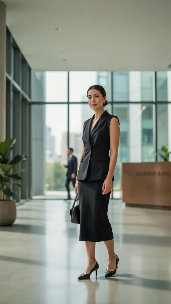 Modern-Casual-Black-Sleeveless-Blazer-With-Midi-Skirt-For-Semi-Formal-Outfits Modern Casual Black Sleeveless Blazer With Midi Skirt For Semi Formal Outfits