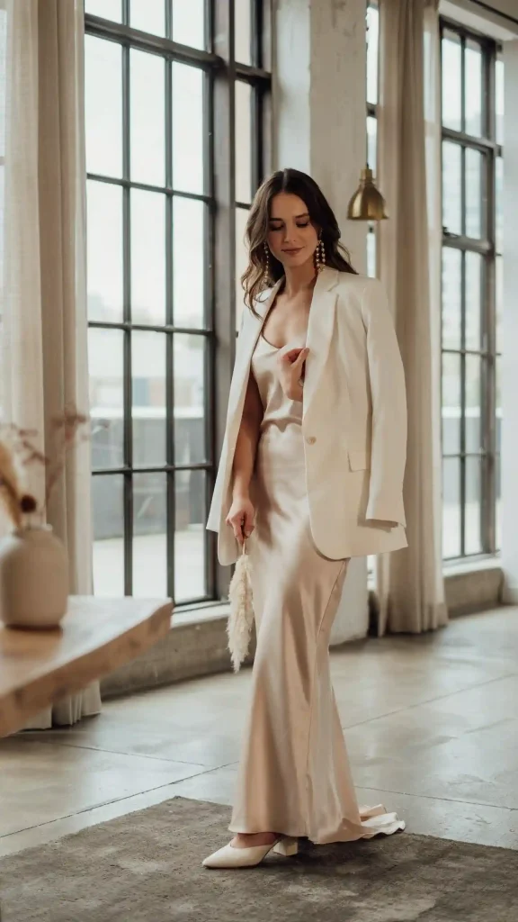 Modern-Feminine-Champagne-Satin-Slip-Elopement-Dress-Chic-Look Modern Feminine Champagne Satin Slip Chic Look