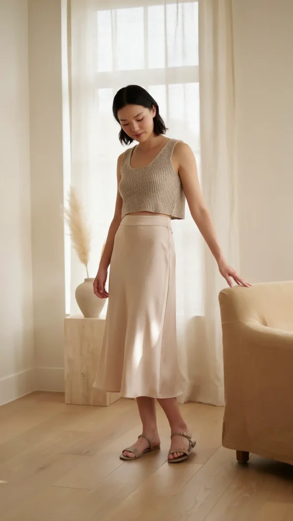 Monochromatic-Neutral-Tone-In-Beige-Satin-Skirt-with-Cropped-Knit-Top Monochromatic Neutral Tone In Beige Satin Skirt with Cropped Knit Top