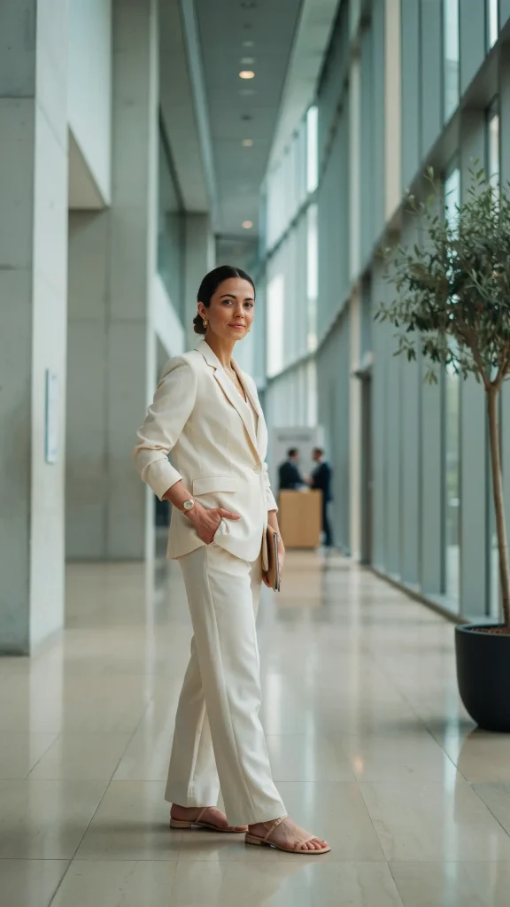 Monochromatic-White-Suit-With-Matching-Trousers-And-Minimal-Sandals Monochromatic White Suit With Matching Trousers And Minimal Sandals