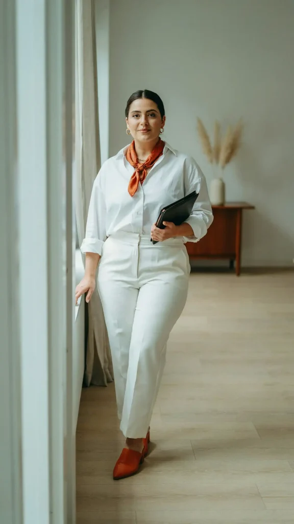 Monochrome-White-Button-Down-Shirt-With-Matching-Wide-Leg-Pants-Curvy-Style Monochrome White Button-Down Shirt With Matching Wide-Leg Pants Curvy Style