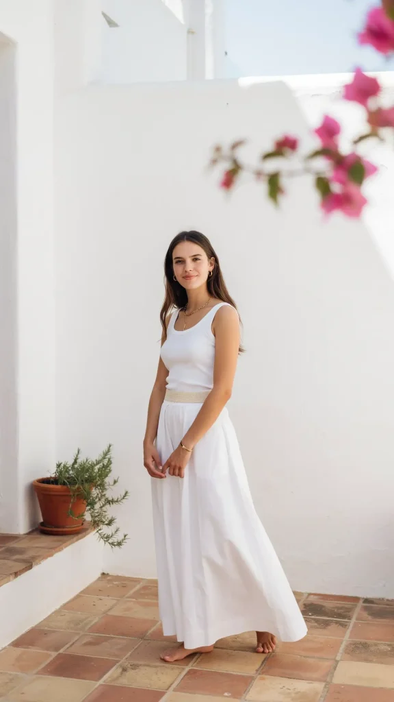 Monochrome-White-Tank-Top-With-Flowing-Maxi-Skirt Monochrome White Tank Top With Flowing Maxi Skirt