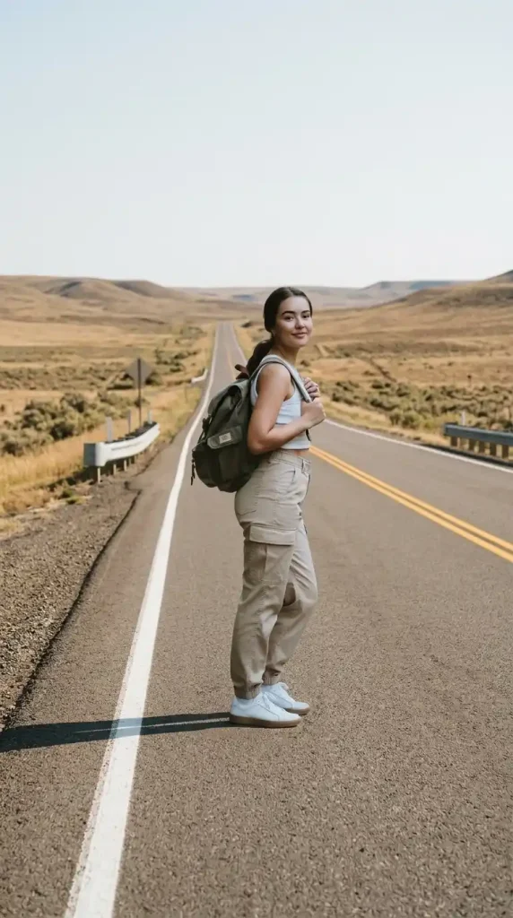 Multi-Pockets-Khaki-Cargo-Pants-With-White-Crop-Top Multi-Pockets Khaki Cargo Pants With White Crop Top