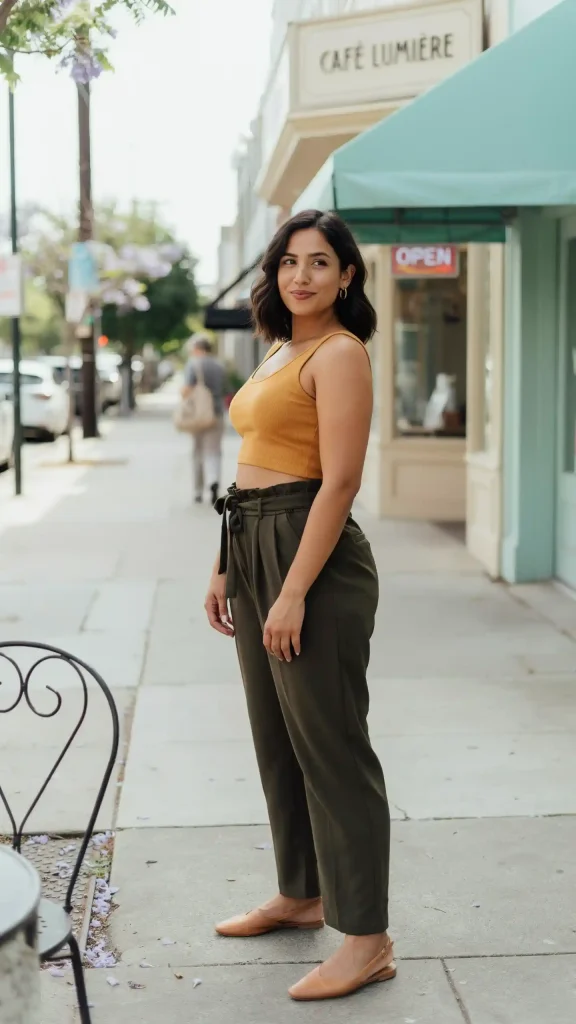 Mustard-Crop-Top-and-High-Waisted-Paperbag-Trousers Mustard Crop Top and High-Waisted Paperbag Trousers