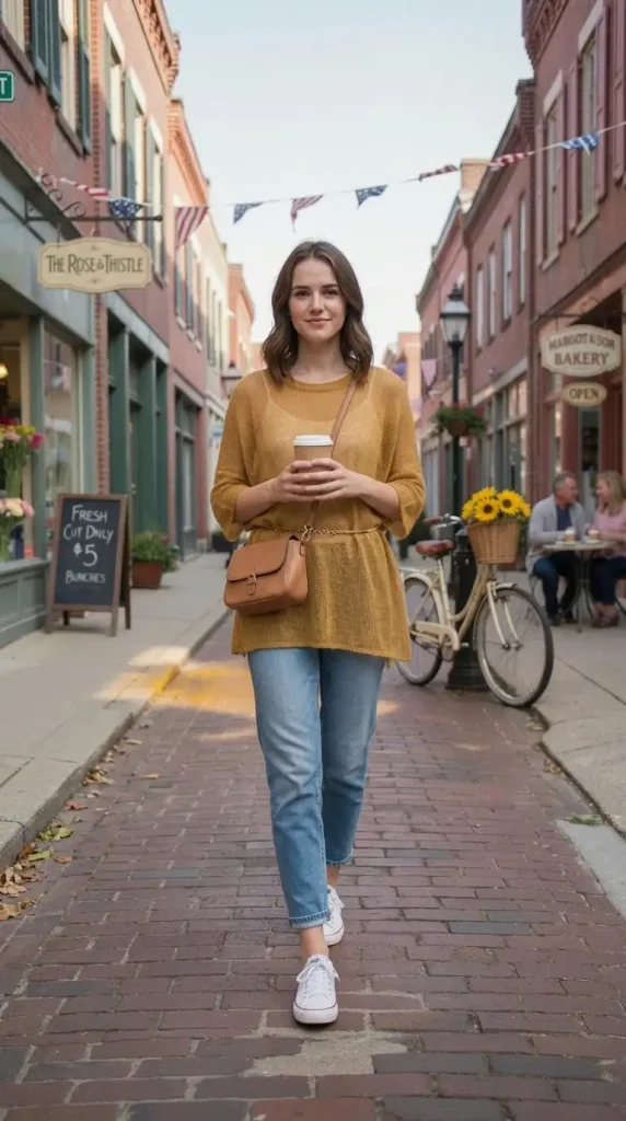 Mustard-Poncho-with-Straight-Jeans-and-Casual-White-Sneakers Mustard Poncho with Straight Jeans and Casual White Sneakers