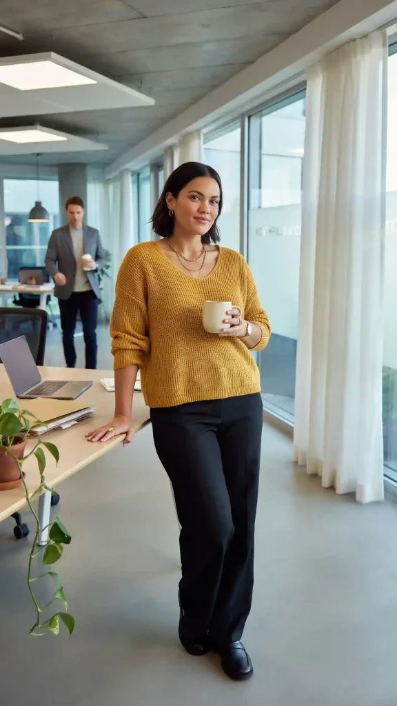 Mustard-Yellow-Sweater-with-Black-Tailored-Pants Mustard Yellow Sweater with Black Tailored Pants