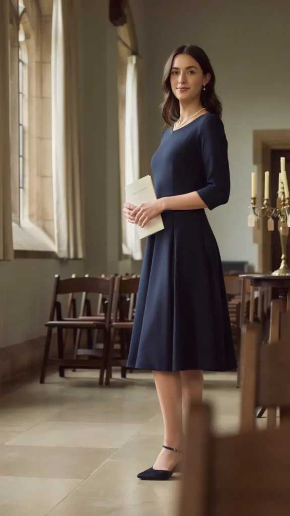Navy-A-Line-Dress-With-Pearl-Necklink-Earrings Navy A-Line Dress With Pearl Necklink & Earrings