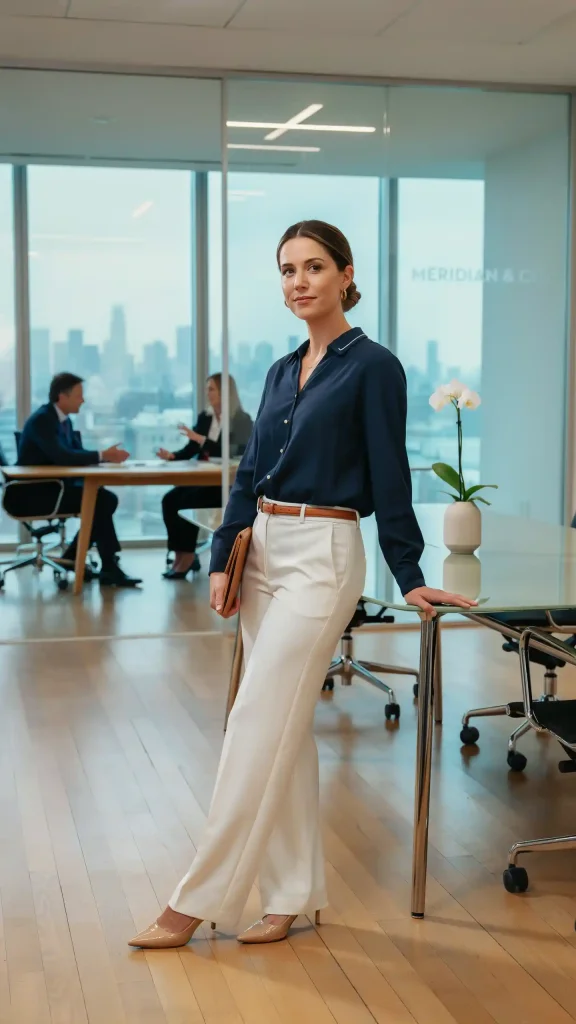 Navy-Blue-Blouse-With-Tailored-White-Pants-In-Classy-Semi-Professional-Outfit. Navy Blue Blouse With Tailored White Pants In Classy Semi Professional Outfit