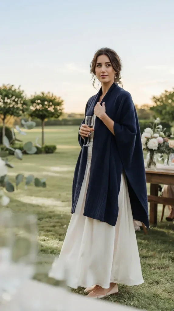 Navy-Blue-Poncho-Paired-with-Maxi-Dress-and-Flats Navy Blue Poncho Paired with Maxi Dress and Flats
