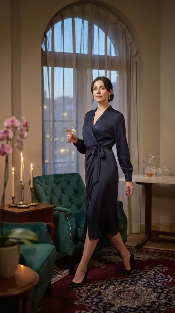 Navy-Blue-Wrap-Dress-with-Pearl-Earrings-Elegant-Evening-Look Navy Blue Wrap Dress with Pearl Earrings Elegant Evening Look