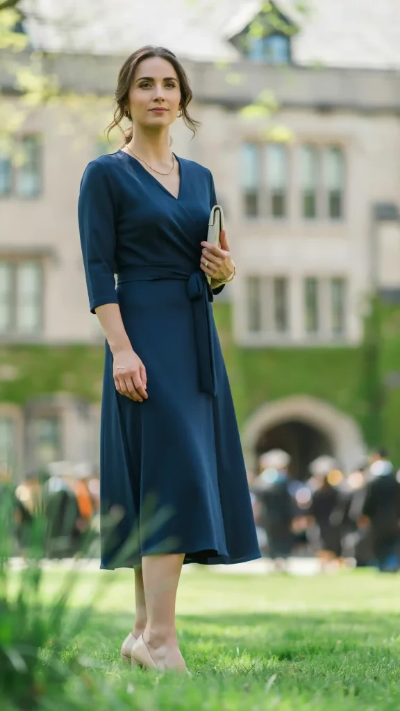Navy-Blue-Wrap-Midi-Dress-With-Block-Heels Navy Blue Wrap Midi Dress With Block Heels