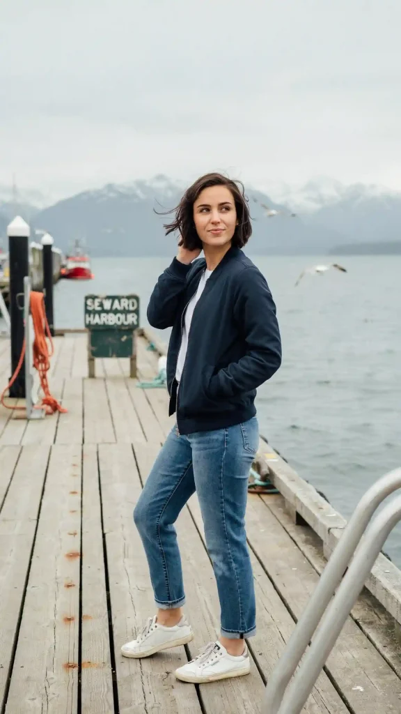 Navy-Bomber-Jacket-With-Straight-Blue-Denim-Sporty-Alaska-Cruise-Look Navy Bomber Jacket With Straight Blue Denim Sporty Alaska Cruise Look