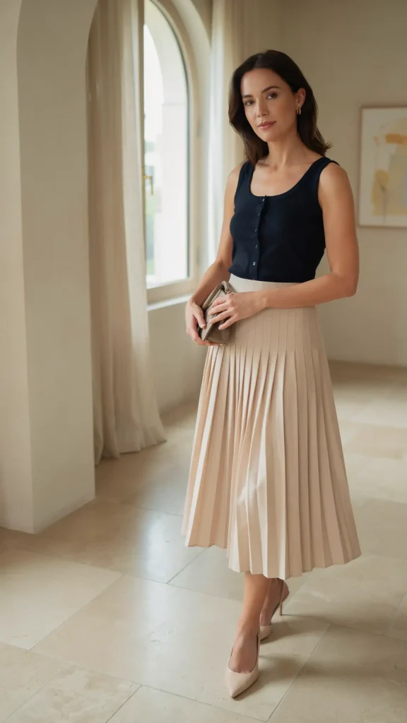 Navy-Button-Tank-Top-with-Beige-Midi-Skirt-Elegant Navy Button Tank Top with Beige Midi Skirt Elegant