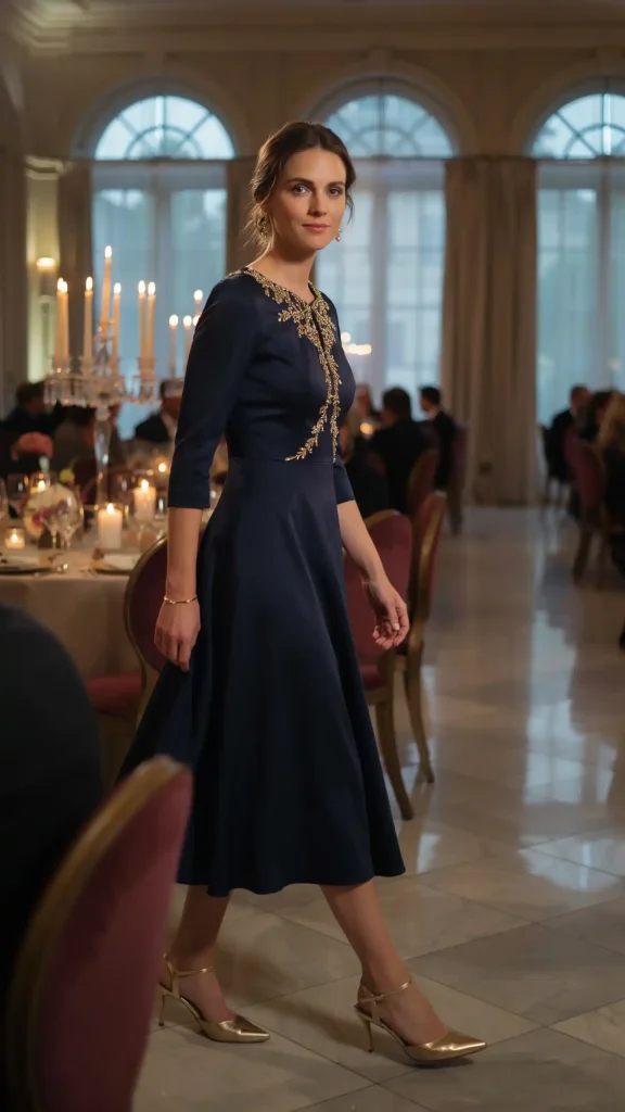 Navy-Midi-Dress-With-Gold-Embellished-and-Gold-Heels Navy Midi Dress With Gold Embellished and Gold Heels