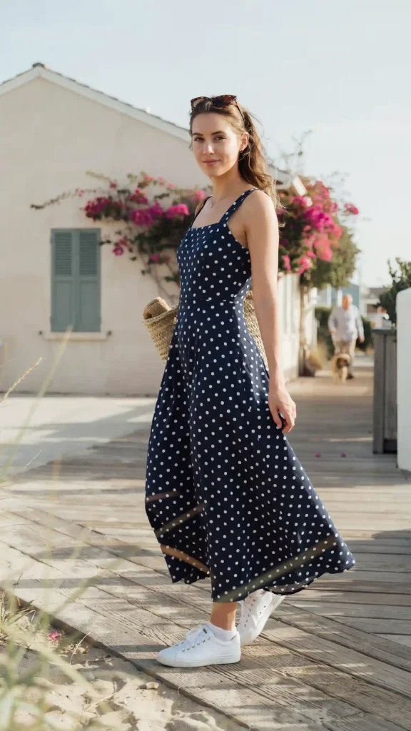 Navy-Polka-Dot-Flowy-Maxi-with-White-Canvas-Sneakers Navy Polka Dot Flowy Maxi with White Canvas Sneakers