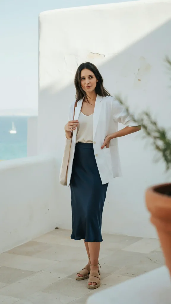 Navy-Slip-Skirt-Worn-with-a-White-Linen-Vest-and-Tan-Espadrille-Sandals Navy Slip Skirt Worn with a White Linen Vest and Tan Espadrille Sandals