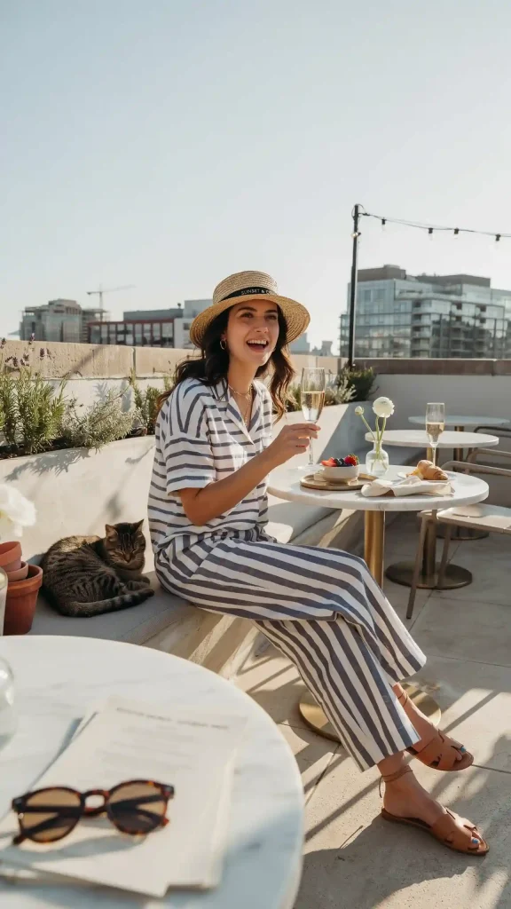 Navy-Striped-Linen-Matching-Co-Ord-Set-With-Tan-Sandals Navy Striped Linen Matching Co-Ord Set With Tan Sandals