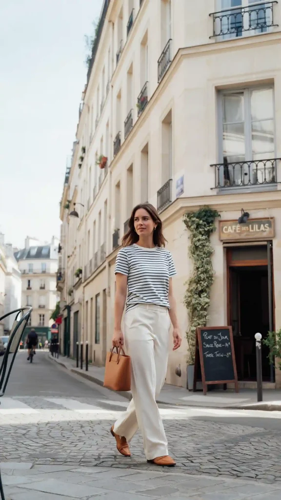 Navy-White-Horizontal-Stripe-Tee-With-Ivory-Trousers Navy & White Horizontal Stripe Tee With Ivory Trousers