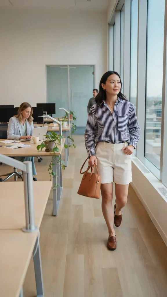 Navy-White-Striped-Button-Up-Shirt-With-Cream-Tailored-Shorts Navy & White Striped Button-Up Shirt With Cream Tailored Shorts