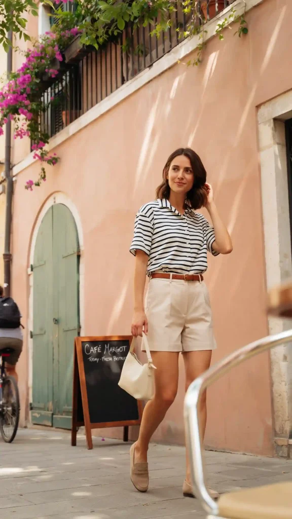 Navy-White-Striped-Shirt-With-Beige-Tailored-Shorts Navy & White Striped Shirt With Beige Tailored Shorts