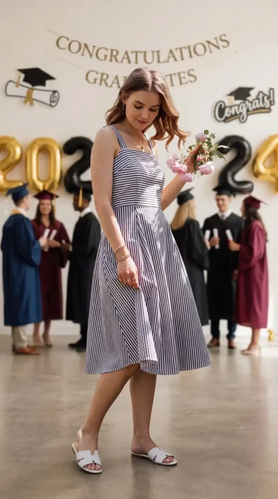 Navy-White-Striped-Sundress-With-Gold-Jewellery-White-Sandals Navy & White Striped Sundress With Gold Jewellery & White Sandals